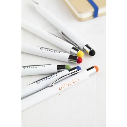 Penna a sfera in alluminio con rivestimento in gomma per incisione colorata in coordinato con la punta touch e refill blu