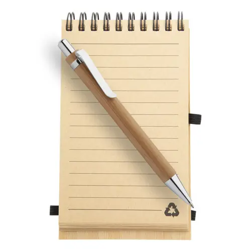 Block Notes A6 con copertina in bambù rilegatura a aspirale sul superiore e 70 fogli a righe e penna a sfera in bambù in refill blu