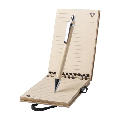 Block Notes A6 con copertina in bambù rilegatura a aspirale sul superiore e 70 fogli a righe e penna a sfera in bambù in refill blu