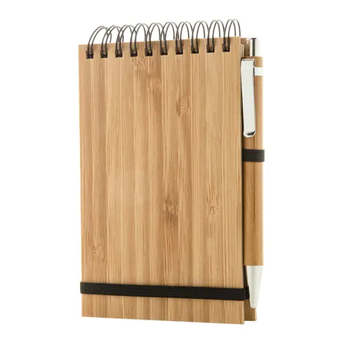 Block Notes A6 con copertina in bambù rilegatura a aspirale sul superiore e 70 fogli a righe e penna a sfera in bambù in refill blu