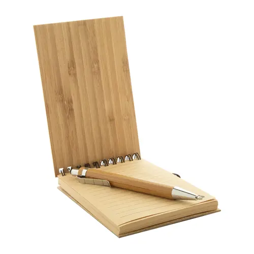 Block Notes A6 con copertina in bambù rilegatura a aspirale sul superiore e 70 fogli a righe e penna a sfera in bambù in refill blu