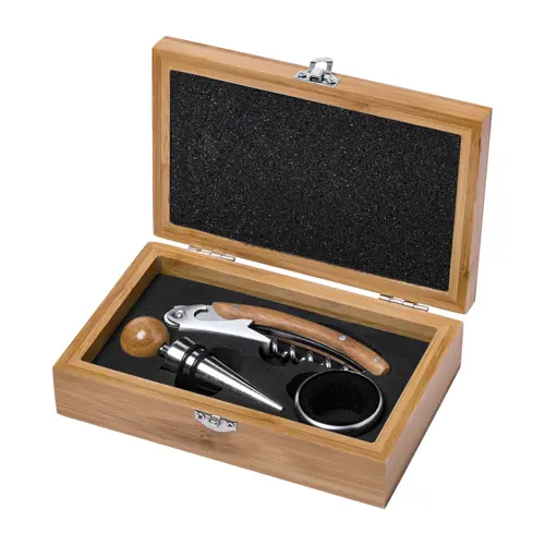 Set vino in scatola di bambù con tappo cavatappi e salvagoccia