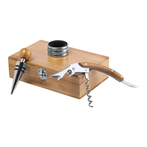 Set vino in scatola di bambù con tappo cavatappi e salvagoccia