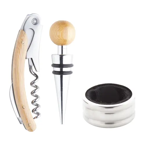 Set vino in scatola di bambù con tappo cavatappi e salvagoccia