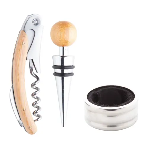 Set vino in scatola di bambù con tappo cavatappi e salvagoccia