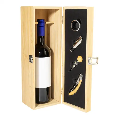 Set vino in scatola di legno di bambù con scomparto bottiglia e utensili
