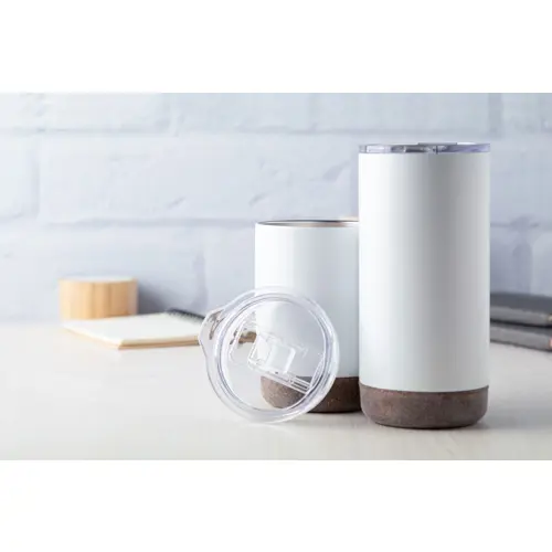 Tazza termica inox dal 380ml con base sughero e coperchio trasparente