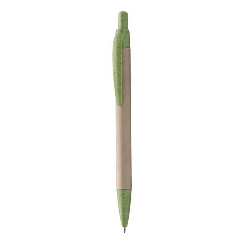 Penna a sfera in carta riciclata con clip e puntale in plastica ecologica colorati con meccanismo a scatto e refill blu