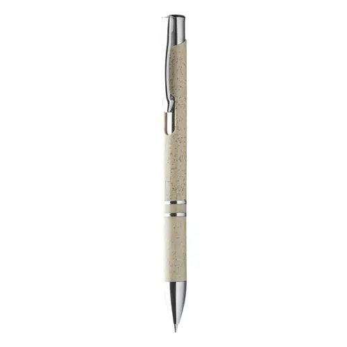 Penna a sfera in plastica ecologica disponibile in vari colori con parti mettalicche e con meccanismo a scatto e refill blu