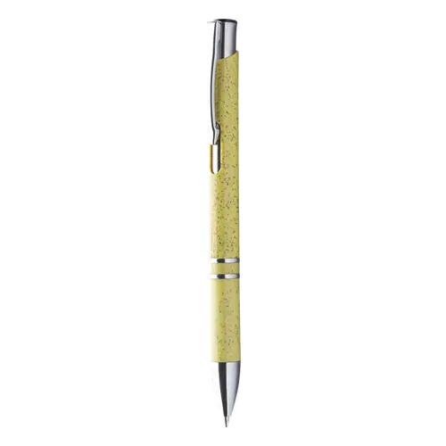 Penna a sfera in plastica ecologica disponibile in vari colori con parti mettalicche e con meccanismo a scatto e refill blu
