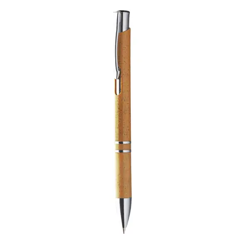 Penna a sfera in plastica ecologica disponibile in vari colori con parti mettalicche e con meccanismo a scatto e refill blu