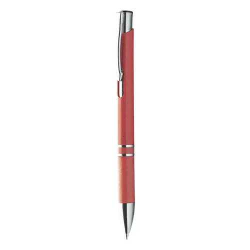 Penna a sfera in plastica ecologica disponibile in vari colori con parti mettalicche e con meccanismo a scatto e refill blu