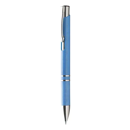 Penna a sfera in plastica ecologica disponibile in vari colori con parti mettalicche e con meccanismo a scatto e refill blu