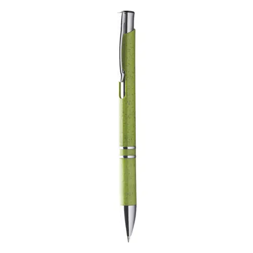 Penna a sfera in plastica ecologica disponibile in vari colori con parti mettalicche e con meccanismo a scatto e refill blu