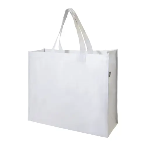 Shopper in RPET a soffietto con finitura laminata in diverse colorazioni con mainici lunghi da 105gr 42x35x15cm