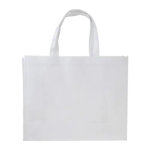 Shopper in RPET a soffietto con finitura laminata in diverse colorazioni con mainici lunghi da 105gr 42x35x15cm