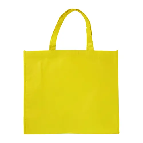 Shopper in RPET a soffietto con finitura laminata in diverse colorazioni con mainici lunghi da 105gr 42x35x15cm