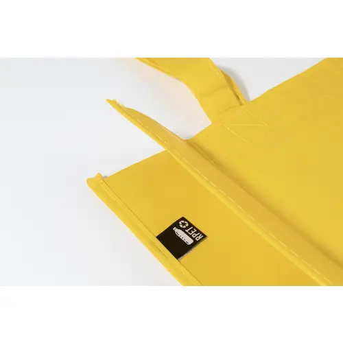 Shopper in RPET a soffietto con finitura laminata in diverse colorazioni con mainici lunghi da 105gr 42x35x15cm