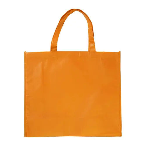 Shopper in RPET a soffietto con finitura laminata in diverse colorazioni con mainici lunghi da 105gr 42x35x15cm