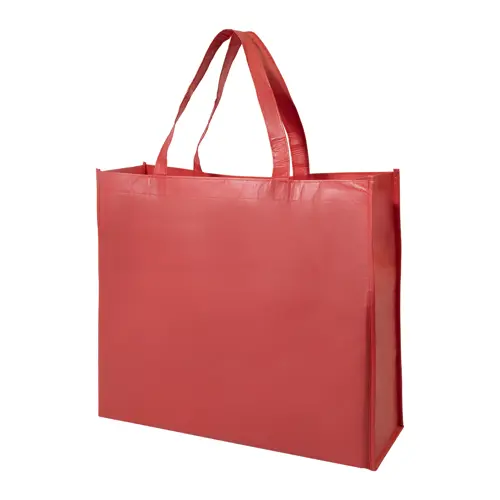 Shopper in RPET a soffietto con finitura laminata in diverse colorazioni con mainici lunghi da 105gr 42x35x15cm