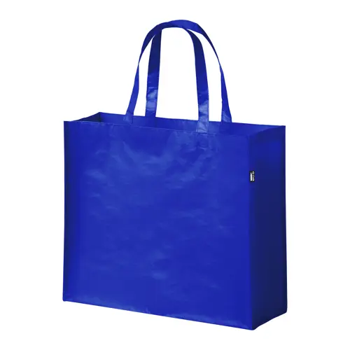 Shopper in RPET a soffietto con finitura laminata in diverse colorazioni con mainici lunghi da 105gr 42x35x15cm