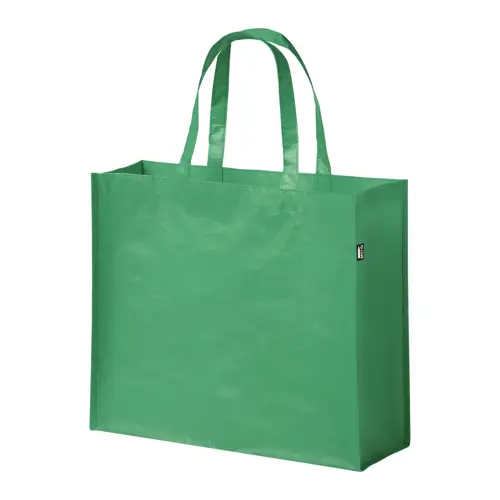 Shopper in RPET a soffietto con finitura laminata in diverse colorazioni con mainici lunghi da 105gr 42x35x15cm