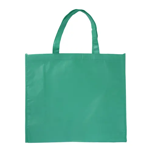 Shopper in RPET a soffietto con finitura laminata in diverse colorazioni con mainici lunghi da 105gr 42x35x15cm