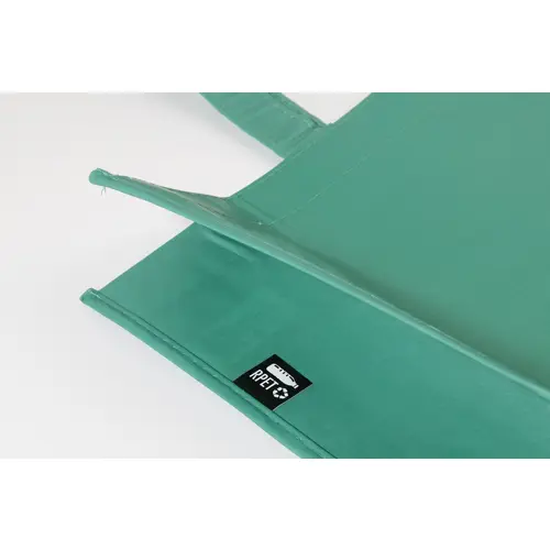 Shopper in RPET a soffietto con finitura laminata in diverse colorazioni con mainici lunghi da 105gr 42x35x15cm