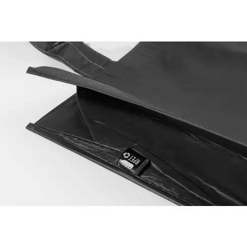 Shopper in RPET a soffietto con finitura laminata in diverse colorazioni con mainici lunghi da 105gr 42x35x15cm