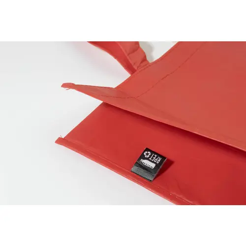Shopper in RPET a soffietto con finitura laminata in diverse colorazioni con mainici lunghi da 105gr 42x35x15cm
