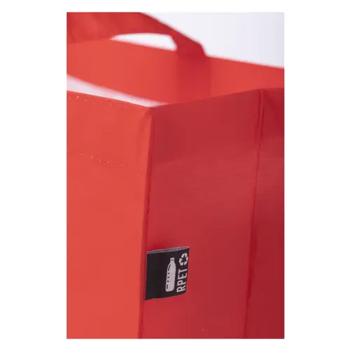 Shopper in RPET a soffietto con finitura laminata in diverse colorazioni con mainici lunghi da 105gr 42x35x15cm
