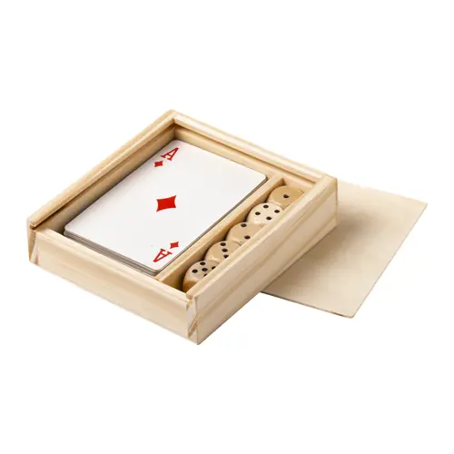 Set gioco con mazzo di carte e dadi in scatola di legno