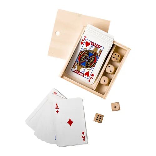 Set gioco con mazzo di carte e dadi in scatola di legno