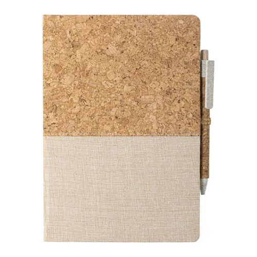 Block notes A5 con copertina in sughero e cotone con 80 fogli neutri e penna in sughero e paglia di grano refill nero