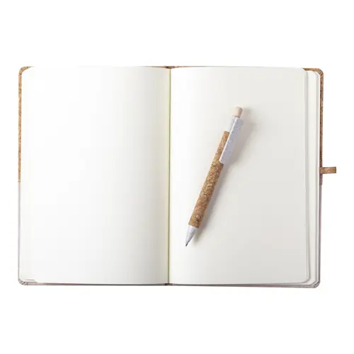 Block notes A5 con copertina in sughero e cotone con 80 fogli neutri e penna in sughero e paglia di grano refill nero