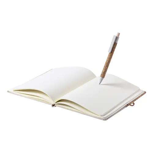 Block notes A5 con copertina in sughero e cotone con 80 fogli neutri e penna in sughero e paglia di grano refill nero