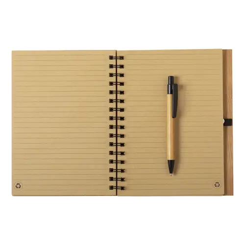 Block notes A5 con copertina e penna in bambù e fogli a righe con penna in bambù in refill nero