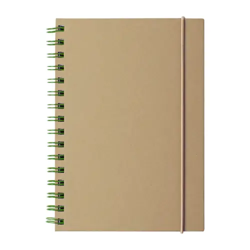 Block notes A5 a spirale con copertina in cartoncino riciclato ed elastico in gomma con 80 fogli a righe