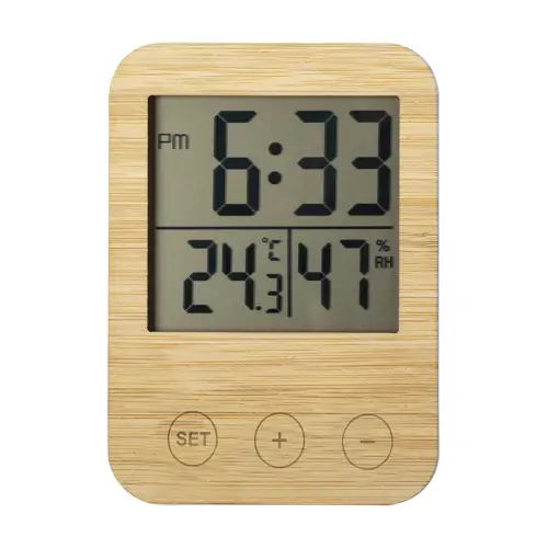 Orologio digitale e stazione meteo con fronte in bambù 85×115×70mm