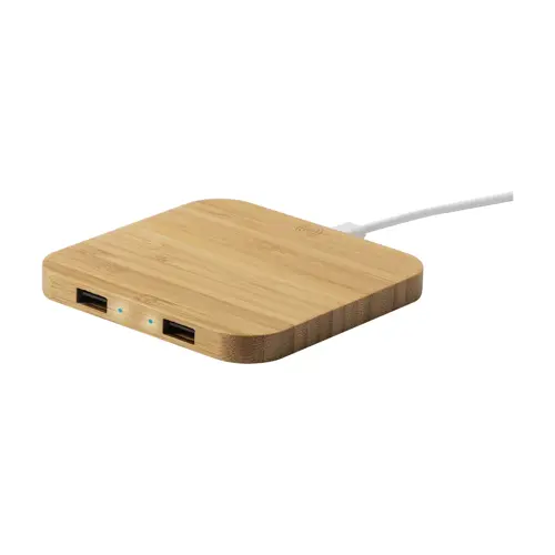 Caricatore wireless in bambù con 2 porte USB da 5W