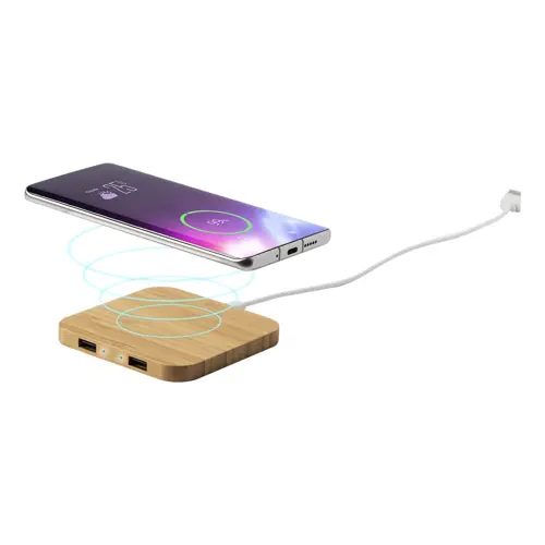 Caricatore wireless in bambù con 2 porte USB da 5W