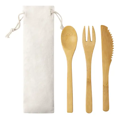 Set di posate in bambù in sacchetto di cotone