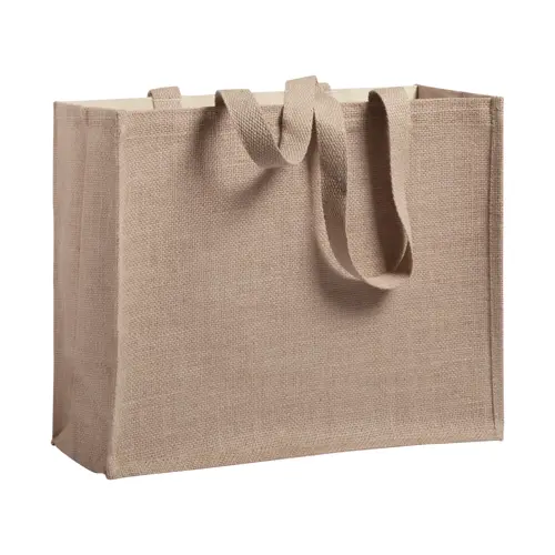 Shopper per la spesa in juta e cotone laminato con manici lunghi disponibile in diversi colori 39×31×16cm