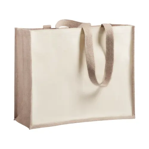 Shopper per la spesa in juta e cotone laminato con manici lunghi disponibile in diversi colori 39×31×16cm