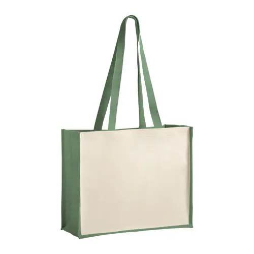 Shopper per la spesa in juta e cotone laminato con manici lunghi disponibile in diversi colori 39×31×16cm