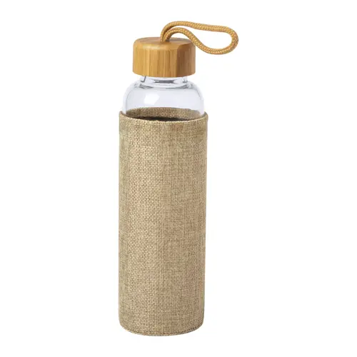 Borraccia in vetro 500 ml con copertura in poliestere di colore naturale coperchio in bambù