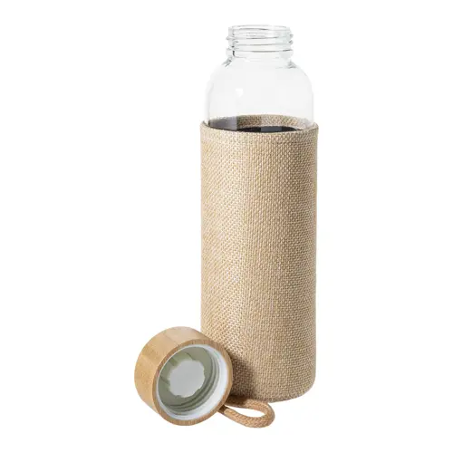 Borraccia in vetro 500 ml con copertura in poliestere di colore naturale coperchio in bambù