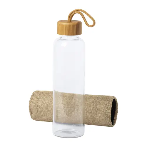Borraccia in vetro 500 ml con copertura in poliestere di colore naturale coperchio in bambù