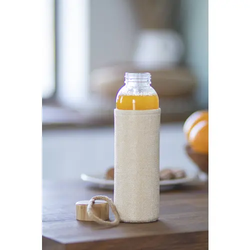 Borraccia in vetro 500 ml con copertura in poliestere di colore naturale coperchio in bambù