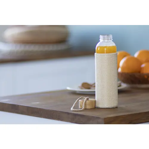 Borraccia in vetro 500 ml con copertura in poliestere di colore naturale coperchio in bambù